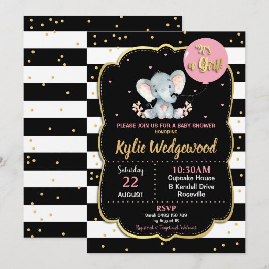 Invitation de Baby showers éléphants C'est une fil (Devant / Derrière)
