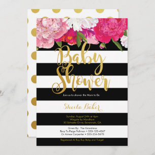 Invitation de Baby showers filles - Blanc noir flo