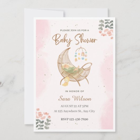 Invitation de Baby showers illustratifs rose et Br (Devant)