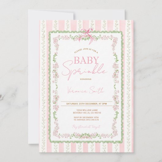 Invitation de Baby Sprinkle au Ruban Floral Rose (Devant)