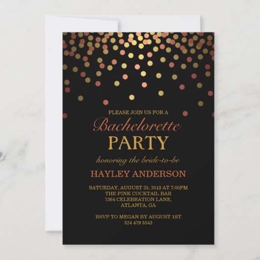 Invitation de Bachelorette avec Confettis Dorés et (Devant)