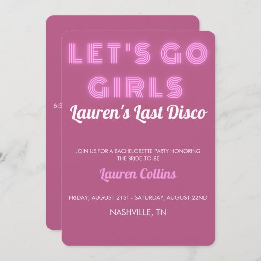 Invitation de Bachelorette rose (Devant / Derrière)