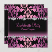 Invitation de bachelorette rose et noir Damask & d (Devant / Derrière)