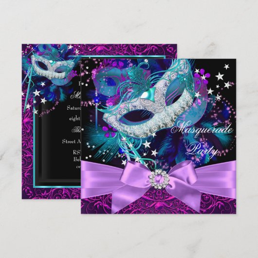 Invitation de bal masqué avec masque à paillettes (Devant / Derrière)