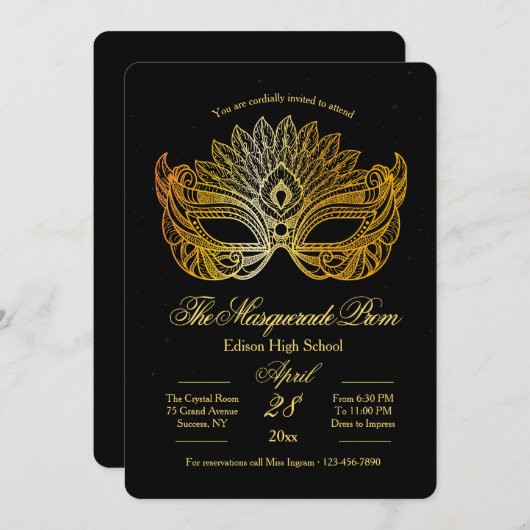 Invitation de bal masqué masque d'or (Devant / Derrière)