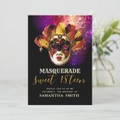 Invitation de Bal Masqué Noir Violet Doré Élégante (Debout devant)