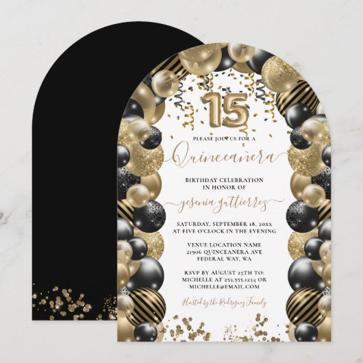 Invitation de ballon Quinceanera Black Sparkle Or (Devant / Derrière)