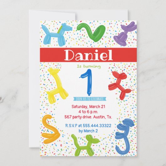 Invitation de ballons animaux de premier anniversa (Devant)