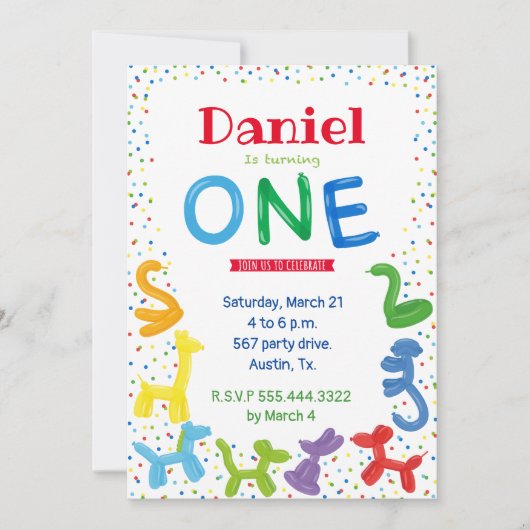 Invitation de ballons animaux de première année (Devant)