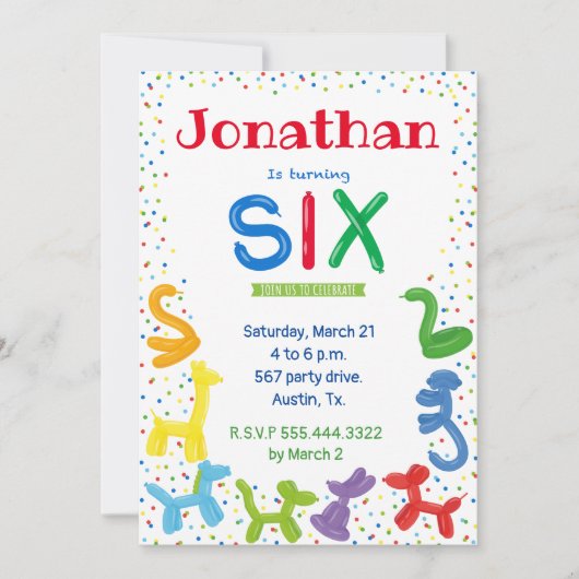 Invitation de ballons d'animaux de 6e anniversaire (Devant)