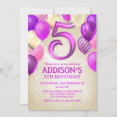 Invitation de ballons roses 5e anniversaire (Devant)
