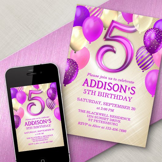 Invitation de ballons roses 5e anniversaire