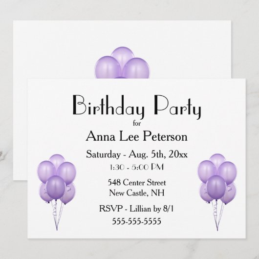 Invitation de ballons violets (Devant / Derrière)