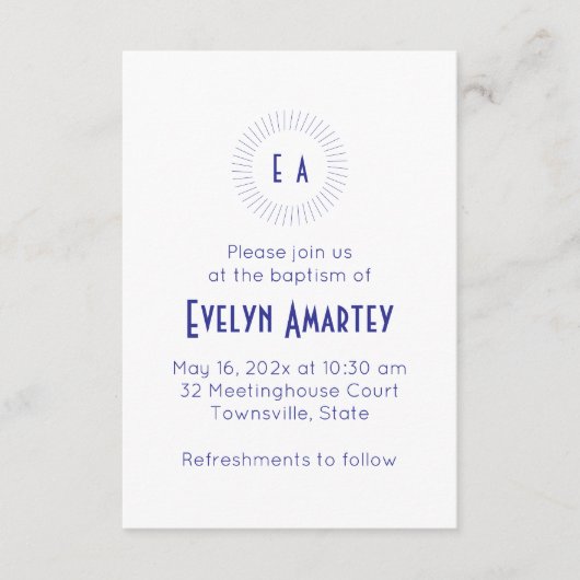 Invitation de baptême à cercle de monogramme bleu (Devant)
