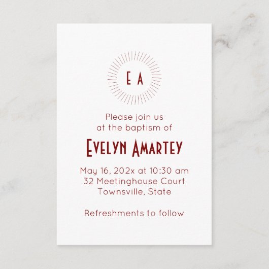 Invitation de baptême à cercle de monogramme rouge (Devant)