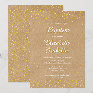 Invitation de baptême à cœurs dorés