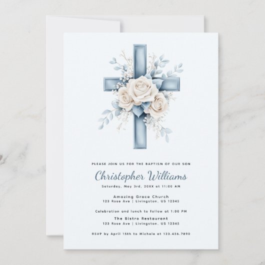 Invitation de baptême à croix florale bleue (Devant)