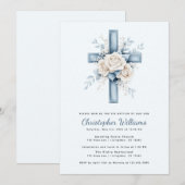 Invitation de baptême à croix florale bleue (Devant / Derrière)