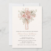 Invitation de baptême à croix florale rose (Devant)
