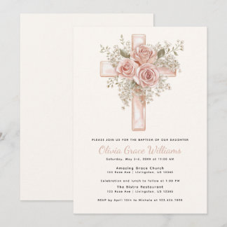 Invitation de baptême à croix florale rose