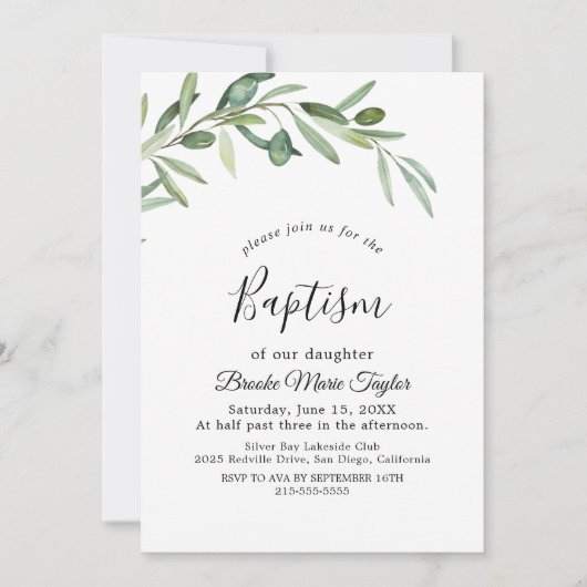 Invitation de baptême à la branche d'olivier moder (Devant)
