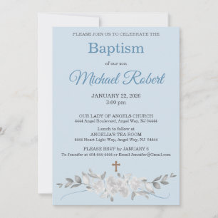 Invitation de baptême à la croix aquarelle bleu pâ