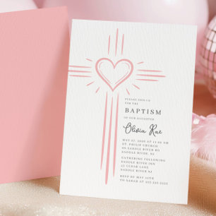 Invitation de baptême à la croix de cœur rose