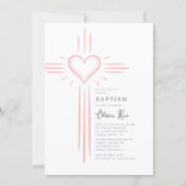 Invitation de baptême à la croix de cœur rose (Devant)