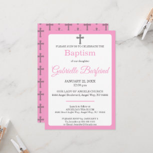 Invitation de baptême à l'aquarelle croix rose et