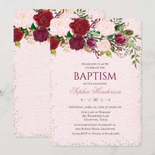Invitation de baptême à l'aquarelle florale (Devant / Derrière)