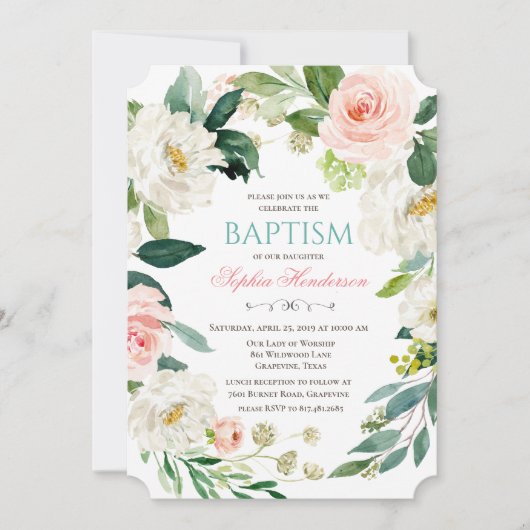 Invitation de baptême à l'aquarelle florale (Devant)
