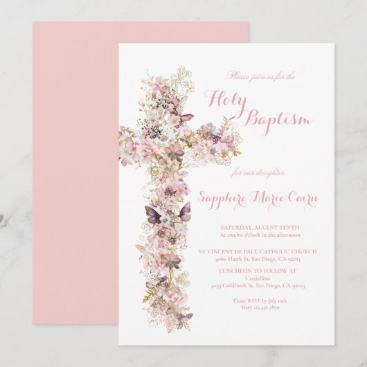 Invitation de baptême à l'aquarelle florale printe (Devant / Derrière)