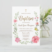 Invitation de baptême à l'aquarelle florale rose a (Debout devant)