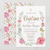 Invitation de baptême à l'aquarelle florale rose a (Devant / Derrière)
