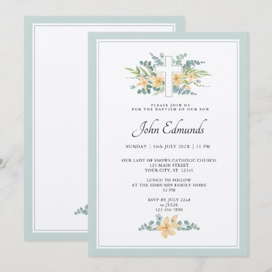 Invitation de baptême à l'aquarelle florale verte (Devant / Derrière)