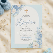 Invitation de baptême à l'arche florale bleue avec