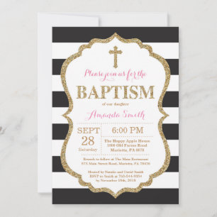 Invitation de baptême à paillettes noires roses et