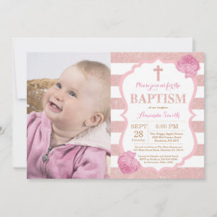 Invitation de baptême à paillettes rose et or rose