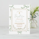 Invitation de baptême à ruban vert sauge (Debout devant)