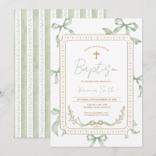 Invitation de baptême à ruban vert sauge (Devant / Derrière)