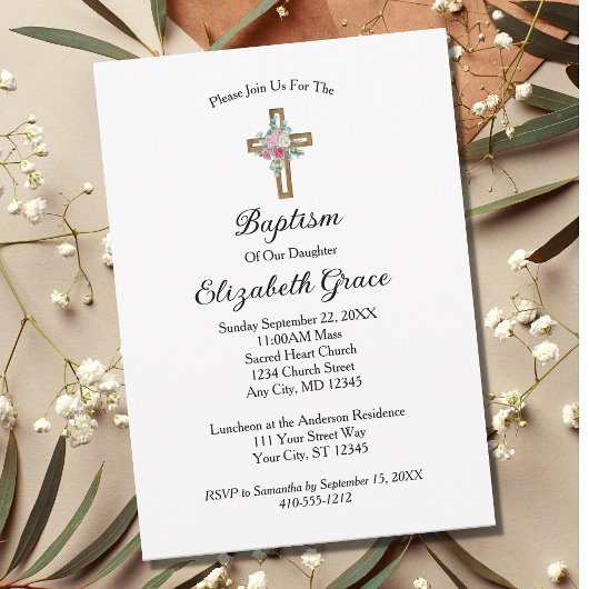 Invitation de baptême au croix florale rose