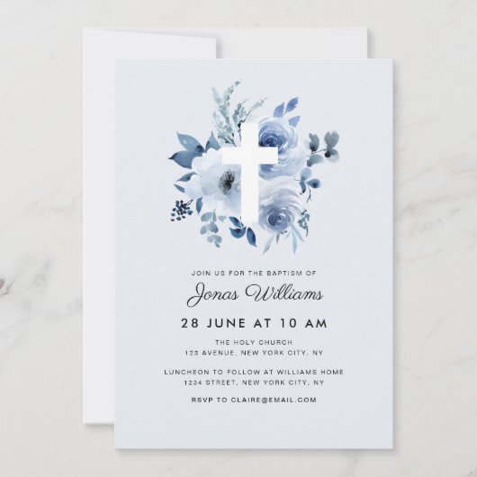 Invitation de baptême aux florales aquarelles bleu (Devant)