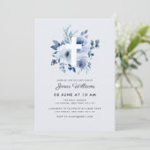 Invitation de baptême aux florales aquarelles bleu (Debout devant)