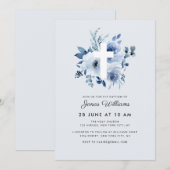 Invitation de baptême aux florales aquarelles bleu (Devant / Derrière)