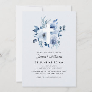Invitation de baptême aux florales aquarelles bleu