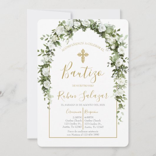 Invitation de baptême avec arc et fleurs blanches (Devant)