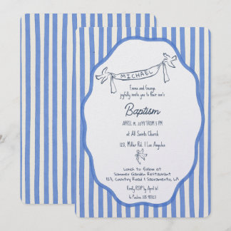Invitation de baptême avec colombes rayures bleues