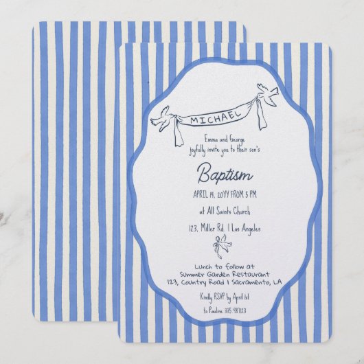 Invitation de baptême avec colombes rayures bleues (Devant / Derrière)