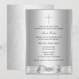 Invitation de baptême avec croix et arc argenté