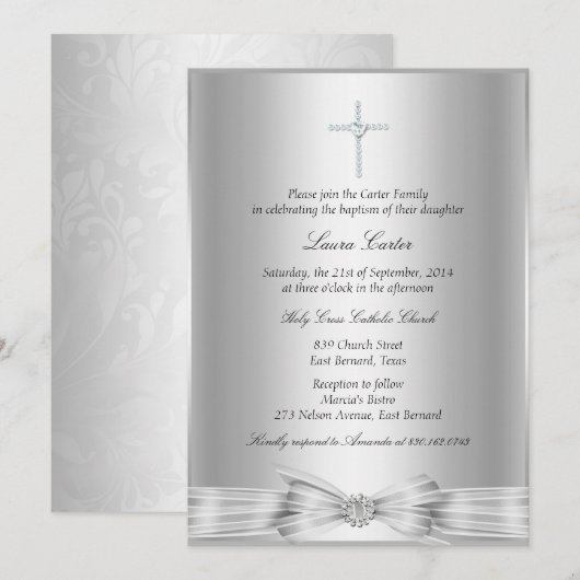 Invitation de baptême avec croix et arc argentés (Devant / Derrière)